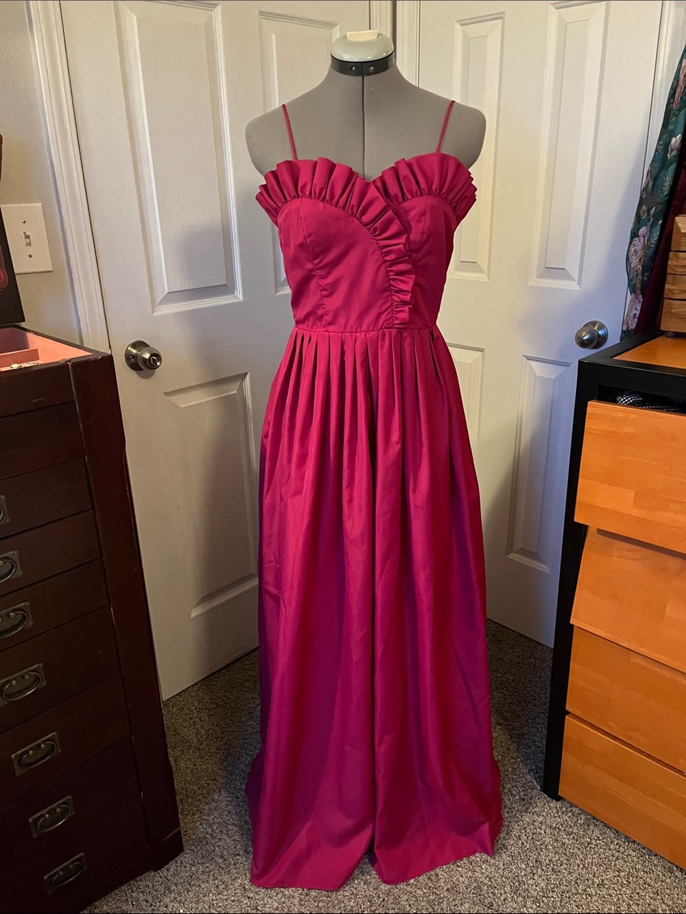 1970s Inner Circle Inc. Formal Ruffle Gown, Magenta, Size XS